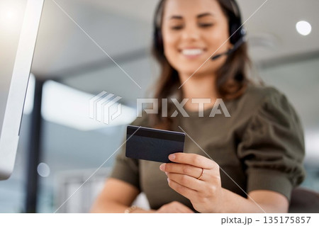 Call center, woman and credit card in office for online shopping, computer and payment for discount. Consultant, e commerce and banking with fintech, budget and financial decision with workplace pc Call center, woman and credit card in office for online shopping, computer and payment for discount. Consultant, e commerce and banking with fintech, budget and financial decision with workplace pc 135175857