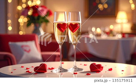 close up of champagne glasses with hearts close up of champagne glasses with hearts 135175911