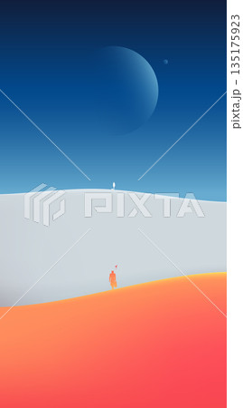 Futuristic desert landscape with gradient sky and celestial bodies. 135175923