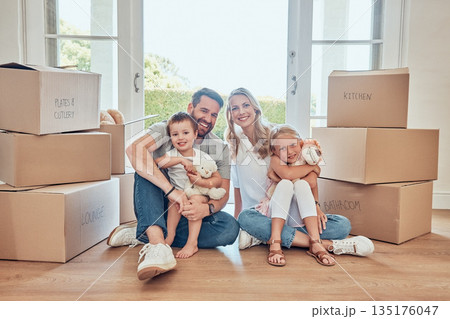Portrait, parents and kids on floor of new house, real estate and property loan for family home. Happy children, mom and dad moving together for building investment, mortgage and boxes in apartment Portrait, parents and kids on floor of new house, real estate and property loan for family home. Happy children, mom and dad moving together for building investment, mortgage and boxes in apartment 135176047