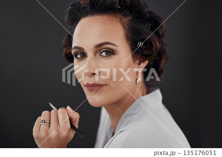 Makeup portrait, lip liner and woman with facial cosmetics, natural skincare or beauty satisfaction. Wellness, face and studio person with lips care, happy and confident on black background 135176051