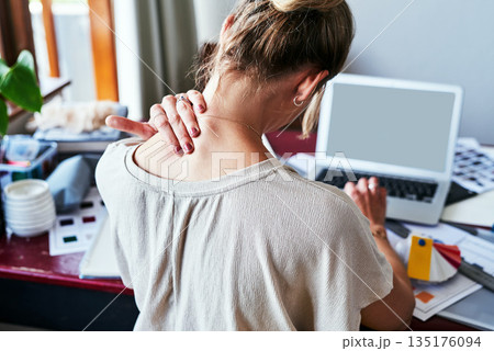 Neck pain, mockup and laptop screen with back of woman in fashion design studio for website, tired and frustrated. Stress, burnout and mental health with designer for planning, anxiety and tension Neck pain, mockup and laptop screen with back of woman in fashion design studio for website, tired and frustrated. Stress, burnout and mental health with designer for planning, anxiety and tension 135176094