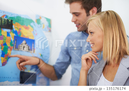 Travel agency collaboration, world map and happy business people, agent or partner point at global tour location. Partnership, collaboration and planning team working on route journey destination Travel agency collaboration, world map and happy business people, agent or partner point at global tour location. Partnership, collaboration and planning team working on route journey destination 135176174