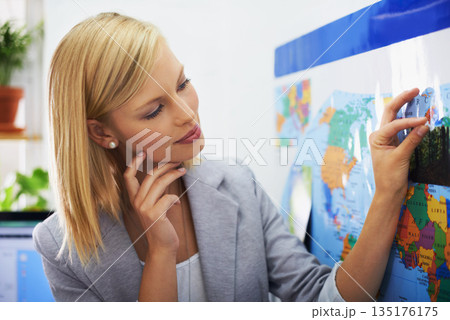 Map pin, thinking and travel agency woman contemplating ideas, holiday location or planning world tour. Tourism industry, vacation brainstorming and professional person think of route journey plan Map pin, thinking and travel agency woman contemplating ideas, holiday location or planning world tour. Tourism industry, vacation brainstorming and professional person think of route journey plan 135176175