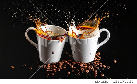 A cup of hot, fragrant coffee in a white ceramic mug, served on a saucer with roasted coffee beans. 135176319
