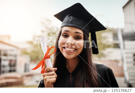 Portrait, university and Latino woman with certificate, graduation and scholarship with education, knowledge and degree. Face, happy female person and student with happiness, college and celebration Portrait, university and Latino woman with certificate, graduation and scholarship with education, knowledge and degree. Face, happy female person and student with happiness, college and celebration 135176627