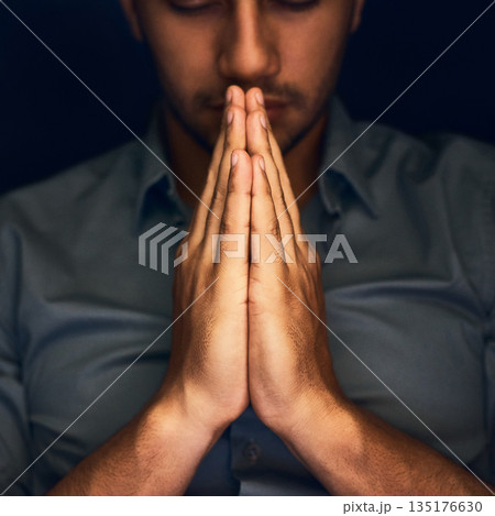 God, worship and man with hands praying for help, hope and guidance in dark studio. Pray, thank you and Christian male in prayer for hope, gratitude and holy praise, faith or blessing to Jesus Christ God, worship and man with hands praying for help, hope and guidance in dark studio. Pray, thank you and Christian male in prayer for hope, gratitude and holy praise, faith or blessing to Jesus Christ 135176630