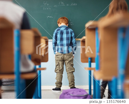 Rear view, boy student in detention with head on chalkboard and in classroom of school building. Anxiety or depressed for time out, math problems to solve and male kid with back to class. 135176640
