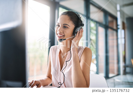 Happy woman, call center and consulting with headphones in customer service, support or telemarketing at office. Friendly female person or consultant agent with smile and headset for online advice Happy woman, call center and consulting with headphones in customer service, support or telemarketing at office. Friendly female person or consultant agent with smile and headset for online advice 135176732