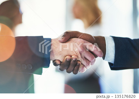 Business people, closeup and shaking hands in agreement with human resources, b2b deal or welcome for hiring. Team building, handshake and connect for synergy, trust and partnership in collaboration 135176820