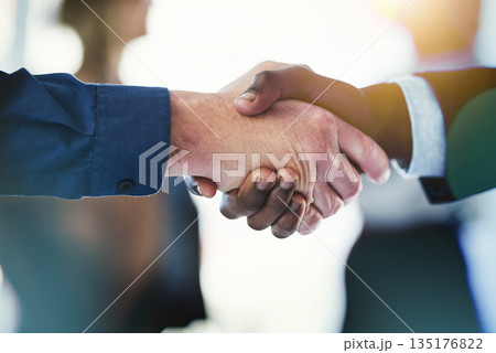 Business people, closeup hand shake and agreement in office with congratulations, support or welcome for hiring. Team building, hands and connect for synergy, teamwork or partnership in collaboration 135176822