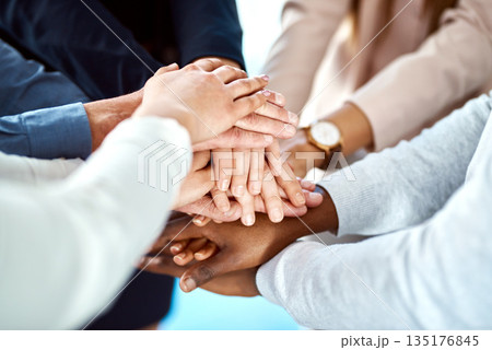 Team building, support or hands of business people in huddle for, partnership, support or community mission. Trust, motivation or closeup of corporate group of workers with goals or target in meeting Team building, support or hands of business people in huddle for, partnership, support or community mission. Trust, motivation or closeup of corporate group of workers with goals or target in meeting 135176845