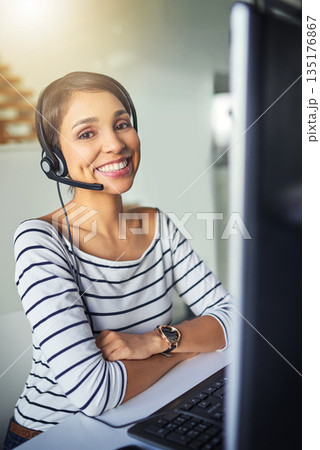Call center, customer support and portrait of happy woman on computer for consulting, help and advice. Telemarketing, communication and female consultant for contact, crm service or network in office 135176867