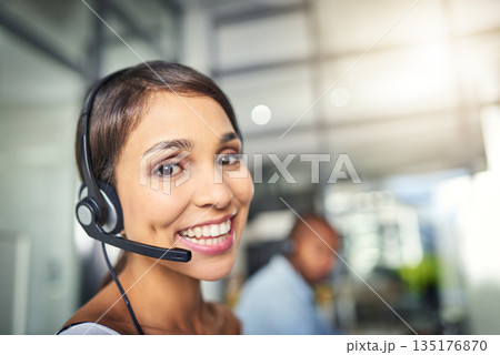 Call center, customer service and happy portrait of woman for consulting, help and advice. Telemarketing, communication and female consultant smile for contact, crm support and networking in office Call center, customer service and happy portrait of woman for consulting, help and advice. Telemarketing, communication and female consultant smile for contact, crm support and networking in office 135176870