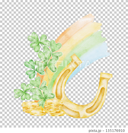 Golden horseshoe with rainbow, shamrocks and scattered coins, hand painted watercolor illustration. Ideal for St Patricks Day party invitations, posters, apparel graphics, stickers Golden horseshoe with rainbow, shamrocks and scattered coins, hand painted watercolor illustration. Ideal for St Patricks Day party invitations, posters, apparel graphics, stickers 135176910