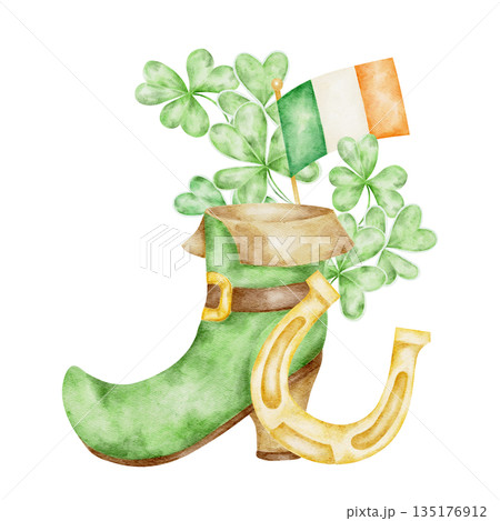Green leprechaun boot with Irish flag and shamrocks, hand painted watercolor illustration. Suitable for St Patricks Day invitations, kids party designs, apparel prints, stickers Green leprechaun boot with Irish flag and shamrocks, hand painted watercolor illustration. Suitable for St Patricks Day invitations, kids party designs, apparel prints, stickers 135176912