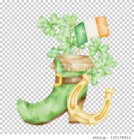 Green leprechaun boot with Irish flag and shamrocks, hand painted watercolor illustration. Suitable for St Patricks Day invitations, kids party designs, apparel prints, stickers Green leprechaun boot with Irish flag and shamrocks, hand painted watercolor illustration. Suitable for St Patricks Day invitations, kids party designs, apparel prints, stickers 135176912