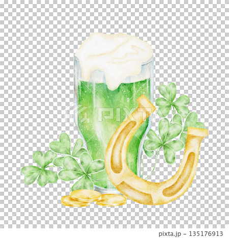 Green beer glass with golden horseshoe and shamrocks, hand painted watercolor illustration. Ideal for St Patricks Day greeting cards, bar menus, posters, apparel prints Green beer glass with golden horseshoe and shamrocks, hand painted watercolor illustration. Ideal for St Patricks Day greeting cards, bar menus, posters, apparel prints 135176913