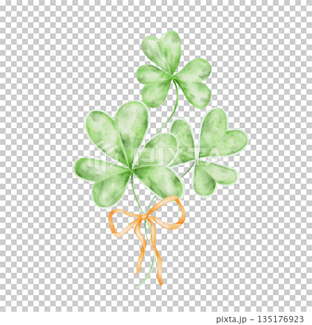 Green shamrock bouquet tied with orange ribbon, hand painted watercolor illustration. Great for St Patricks Day cards, invitations, stationery, classroom materials, planners, scrapbooks 135176923