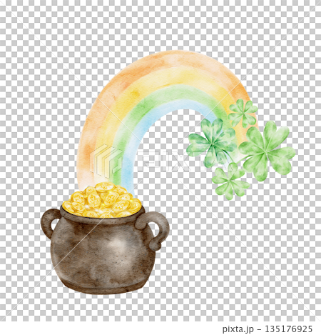 Pot of gold with rainbow and shamrock accent, hand painted watercolor illustration. Suitable for St Patricks Day greeting cards, posters, party flyers, educational materials, apparel Pot of gold with rainbow and shamrock accent, hand painted watercolor illustration. Suitable for St Patricks Day greeting cards, posters, party flyers, educational materials, apparel 135176925