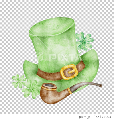Green leprechaun hat with brown belt and shamrock accents, hand painted watercolor illustration. Suitable for St Patricks Day invitations, kids party designs, apparel prints, stickers, planners 135177003