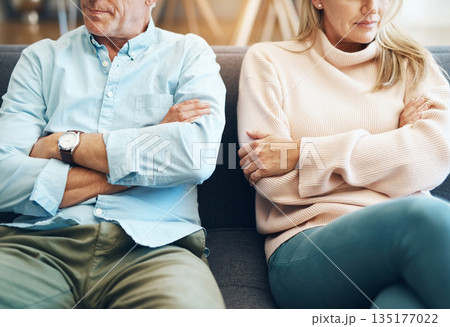 Divorce, fail and couple fight due to marriage problem, angry at home about family law and with conflict in a lounge. Anger, sad and people or partner frustrated due to infertility on a sofa 135177022