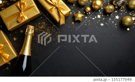 An image of a champagne bottle adorned with gold paper and silver ribbons against a dark background. An image of a champagne bottle adorned with gold paper and silver ribbons against a dark background. 135177049