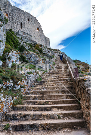 Aude, France - Sep 24, 2025: The Cathar medieval castle of Peyrepertuse in the Aude department, Pyrenees in France Aude, France - Sep 24, 2025: The Cathar medieval castle of Peyrepertuse in the Aude department, Pyrenees in France 135177143