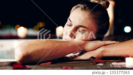 Relax, luxury and mature woman in a hot tub, night and calm with wellness, weekend break and vacation. Female person, peace and lady in a pool, dark evening and a happy holiday Relax, luxury and mature woman in a hot tub, night and calm with wellness, weekend break and vacation. Female person, peace and lady in a pool, dark evening and a happy holiday 135177263