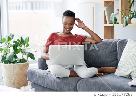 Happy, black woman and relax with laptop on a sofa, comfortable and chilling on the weekend. Streaming, smile and African female person online for internet, search and subscription in a living room Happy, black woman and relax with laptop on a sofa, comfortable and chilling on the weekend. Streaming, smile and African female person online for internet, search and subscription in a living room 135177265