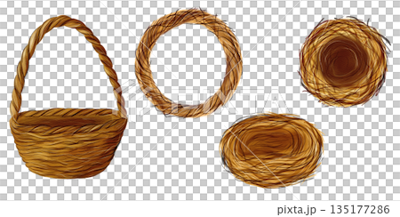 Set, clip art of brown wreath round, wicker basket, nests made of branches and viness, no leaves. Watercolor digital illustration 135177286