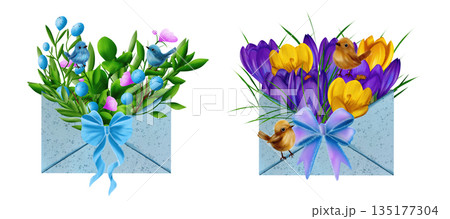 Set of blue berries, pink flowers, blue birds, violet and yellow crocuses in blue envelope with bow Set of blue berries, pink flowers, blue birds, violet and yellow crocuses in blue envelope with bow 135177304
