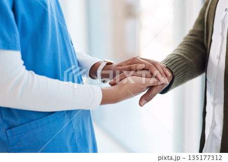 Support, holding hands and nurse with elderly woman for empathy, comforting and compassion. Healthcare, retirement care and female health worker with senior patient for help, diagnosis and wellness Support, holding hands and nurse with elderly woman for empathy, comforting and compassion. Healthcare, retirement care and female health worker with senior patient for help, diagnosis and wellness 135177312