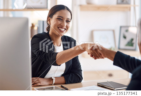 Onboarding, recruitment or business woman with a handshake in job interview for negotiations. Partnership, b2b collaboration or happy hr manager shaking hands in contract agreement in office meeting 135177341