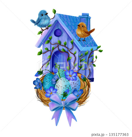 Easter composition with a violet birdhouse, nest, colourful eggs, liverwort flowers, bow, birds 135177363