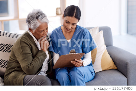 Healthcare, documents and a nurse talking to an old woman patient in a nursing home for treatment. Medical, retirement and insurance with a female medicine professional speaking to mature client Healthcare, documents and a nurse talking to an old woman patient in a nursing home for treatment. Medical, retirement and insurance with a female medicine professional speaking to mature client 135177400