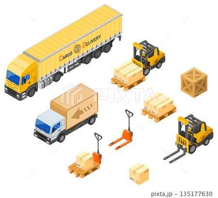 Warehouse Storage and Delivery Isometric Icons Set Warehouse Storage and Delivery Isometric Icons Set 135177630