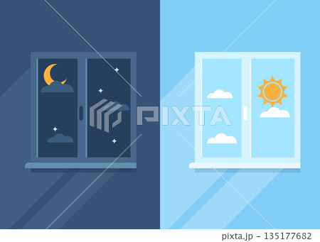 Day and night window cartoon vector concept stock. 135177682
