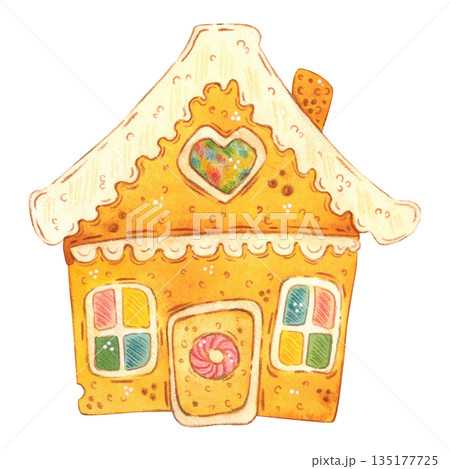 Gingerbread in the shape of a fairytale house. Hand-drawn watercolor illustration in a cartoon. Design for stickers, cards, and invitations. Holiday, element, food, treat 135177725