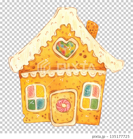 Gingerbread in the shape of a fairytale house. Hand-drawn watercolor illustration in a cartoon. Design for stickers, cards, and invitations. Holiday, element, food, treat 135177725