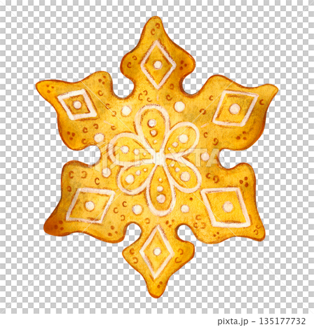 Gingerbread snowflake cookies. Hand-drawn watercolor illustration, cartoon. Design for stickers, cards, invitations. Holiday, element, food, treat 135177732