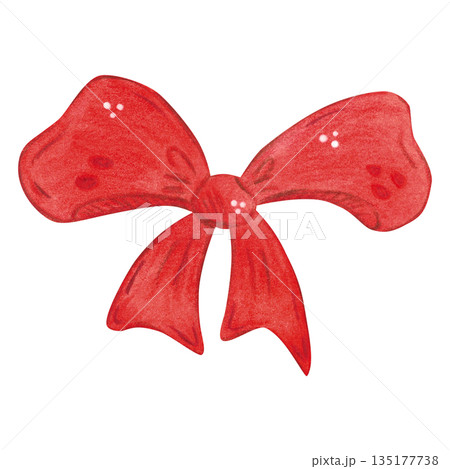 A festive red ribbon bow. Hand-drawn watercolor illustration in a cartoon. Design for stickers, cards, and invitations. Holiday element, decoration A festive red ribbon bow. Hand-drawn watercolor illustration in a cartoon. Design for stickers, cards, and invitations. Holiday element, decoration 135177738