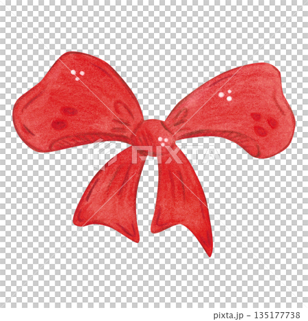 A festive red ribbon bow. Hand-drawn watercolor illustration in a cartoon. Design for stickers, cards, and invitations. Holiday element, decoration A festive red ribbon bow. Hand-drawn watercolor illustration in a cartoon. Design for stickers, cards, and invitations. Holiday element, decoration 135177738