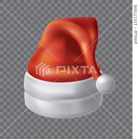 Santa 3d cap. Claus hat isolated on transparent background white fur and pompom, merry Xmas and new year Christmas season costume, winter holidays clothing decorative elements. Vector illustration Santa 3d cap. Claus hat isolated on transparent background white fur and pompom, merry Xmas and new year Christmas season costume, winter holidays clothing decorative elements. Vector illustration 135177898