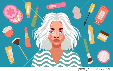 Woman makeup. Beauty cosmetics. Girl face. Skin moisturizing cream. Lipstick and mascara. Female portrait. Foundation and powder. Skincare products. Lotion bottle. Facial procedure. Vector concept 135177899