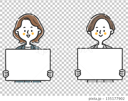 Career woman holding a whiteboard, upper body, vector 135177902