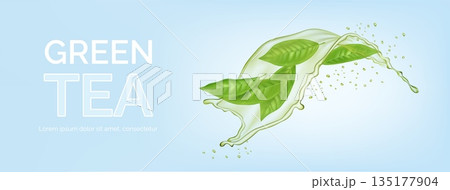 green tea banner. Horizontal background with leaves in water swirl. Realistic isolated elements. Fluid flow in motion. Transparent hot beverage splash and drops. Healthy drink. Vector illustration 135177904