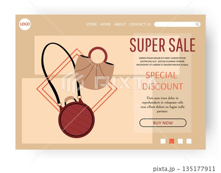 Bag sale. Shopping landing page. Fashionable accessory. Trendy leather purse. Handbag discount. Stylish tote. Casual shopper. Boutique special offer marketing. Store website vector design template 135177911