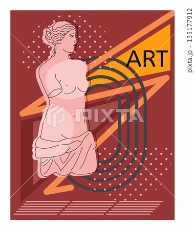 Art poster. Greek woman statue. Ancient marble sculpture. Contemporary collage. Antique artwork exhibition. Female goddess. Aphrodite gypsum body. Geometric and dotted shapes. Vector creative banner 135177912