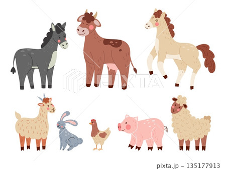 Farm animals. Cartoon livestock. Cute cow and horse stallion. Domestic pig. Farming donkey. Chicken hen. Pet rabbit. Goat or sheep breeding. Cattle ranch. Countryside bull. Isolated mammals vector set 135177913